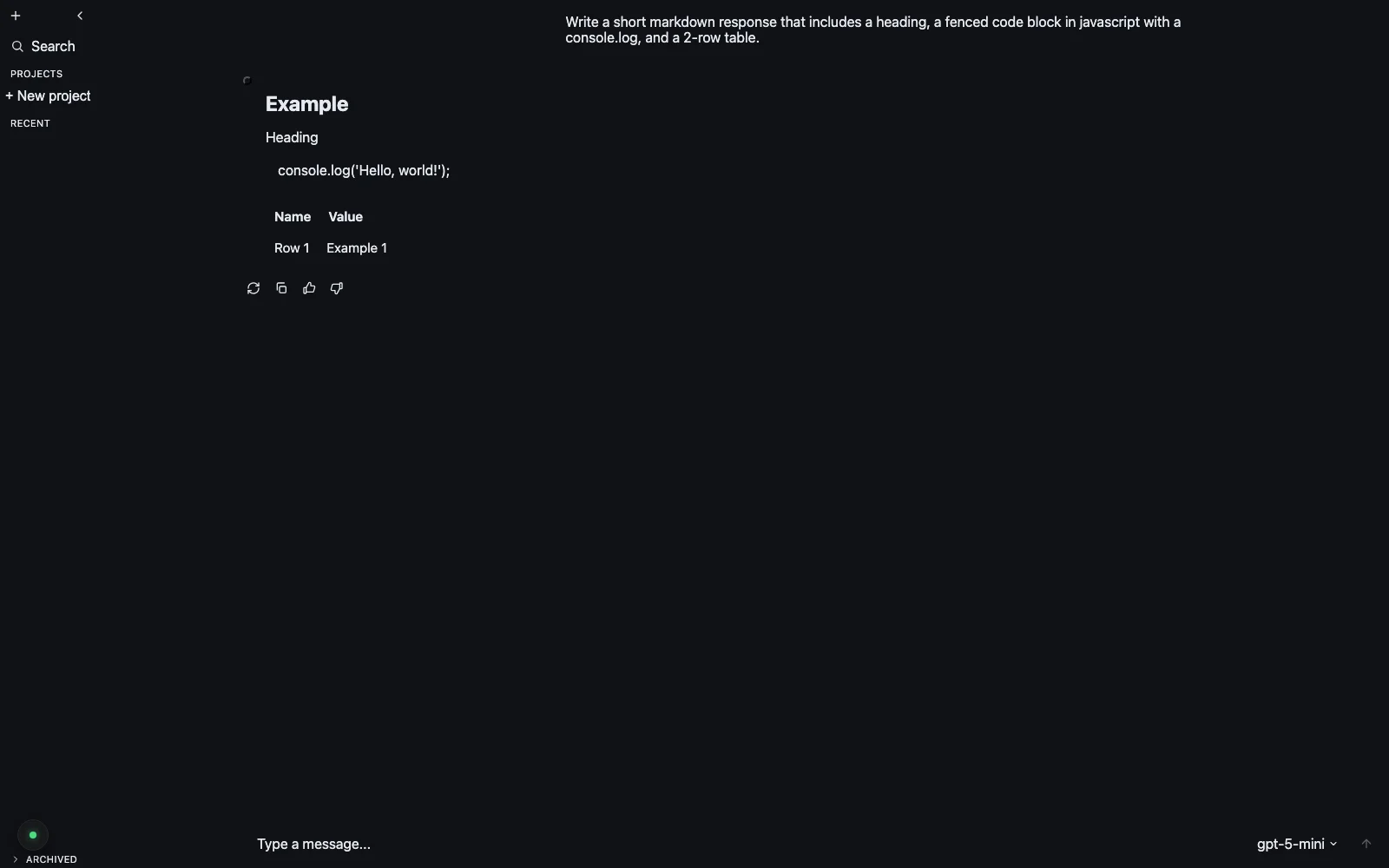 Canonical demo — streaming chat rendering a markdown response with code block and table