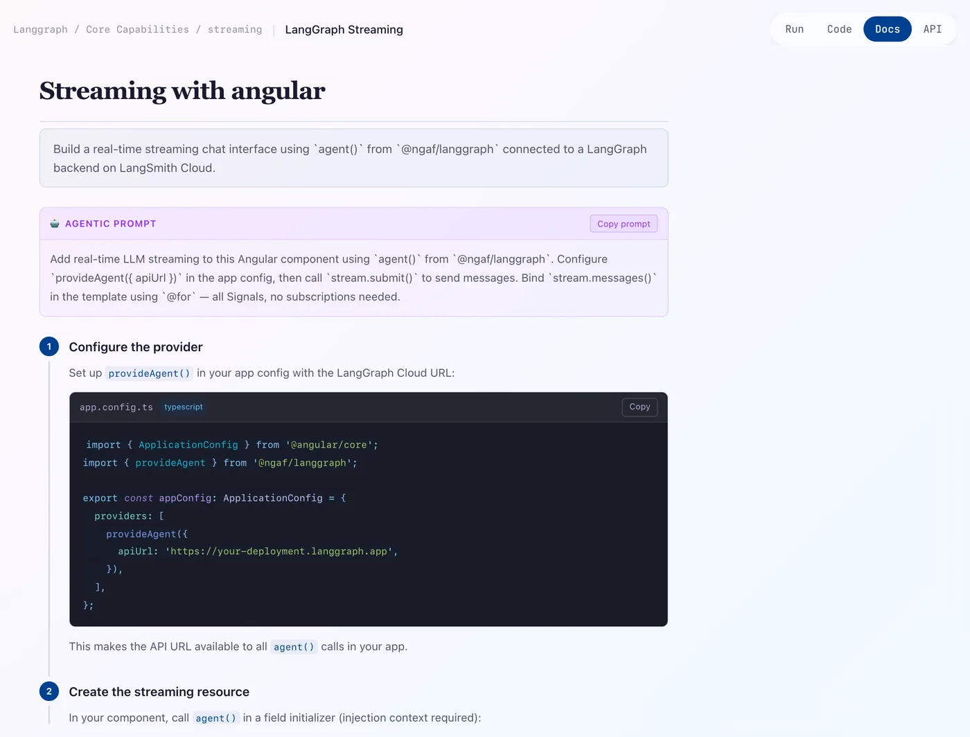 Cockpit reference app — Angular streaming guide with provideAgent setup
